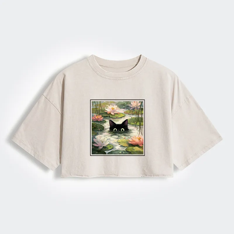 Tokyo-Tiger Black Cat and Lotus Flower Women's Washed Crop T-Shirt