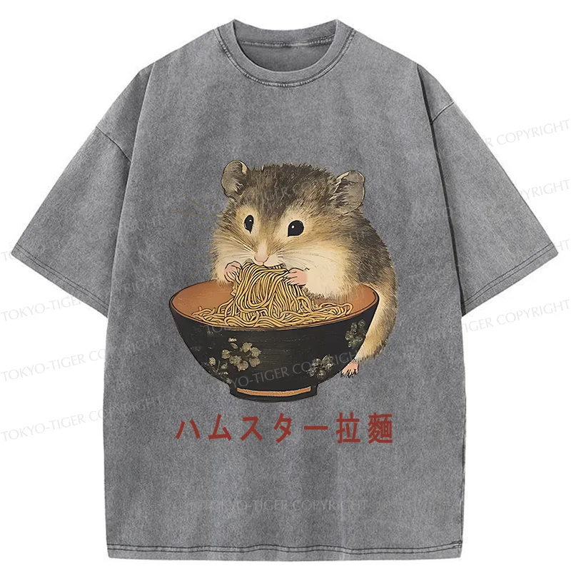 Tokyo-Tiger Hamster Eating Ramen Washed T-Shirt