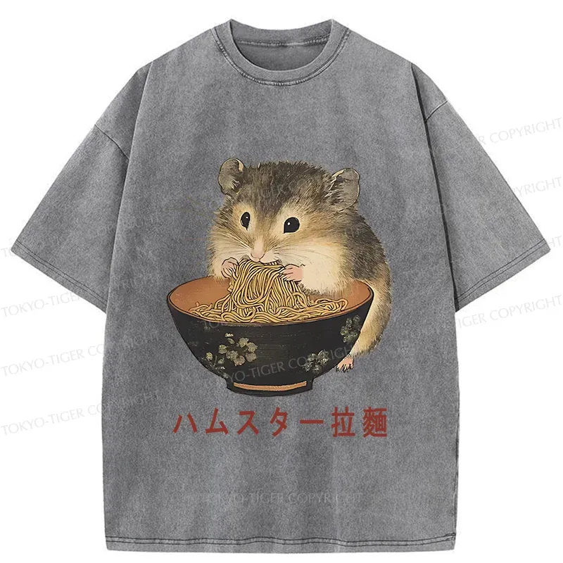 Tokyo-Tiger Hamster Eating Ramen Washed T-Shirt