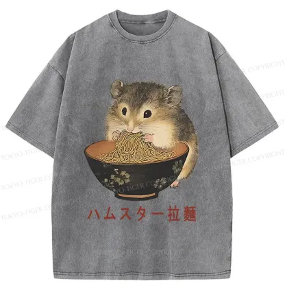 Tokyo-Tiger Hamster Eating Ramen Washed T-Shirt