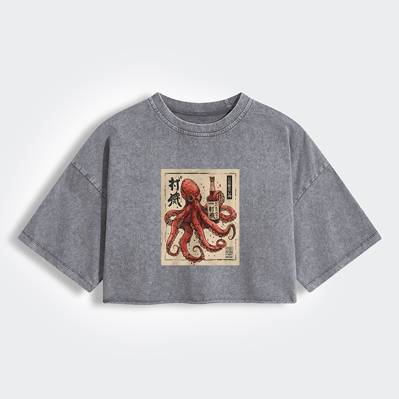 Tokyo-Tiger Osaka Saké Octopus Women's Washed Crop T-Shirt