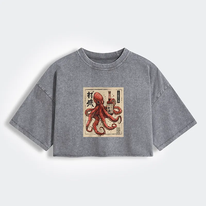 Tokyo-Tiger Osaka Saké Octopus Women's Washed Crop T-Shirt