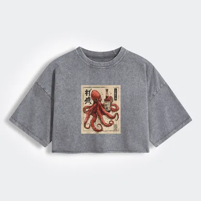 Tokyo-Tiger Osaka Saké Octopus Women's Washed Crop T-Shirt