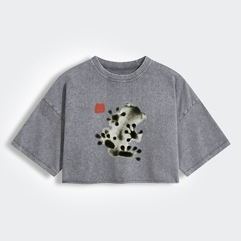Tokyo-Tiger Ink Painting Frog Women's Washed Crop T-Shirt