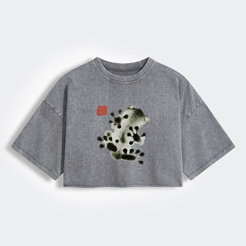 Tokyo-Tiger Ink Painting Frog Women's Washed Crop T-Shirt