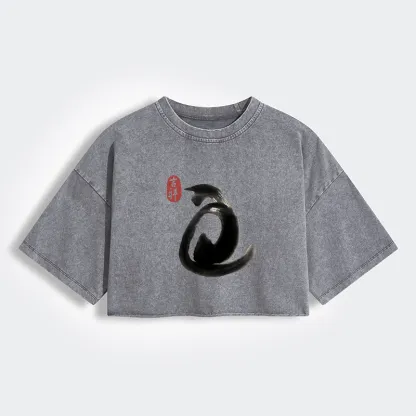 Tokyo-Tiger Vintage Ink Cat Women's Washed Crop T-Shirt