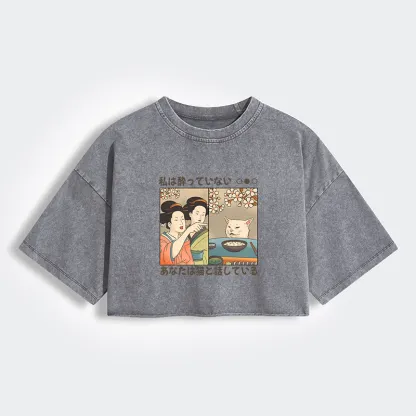 Tokyo-Tiger Japanese Woman Shouting at a Cat Women's Washed Crop T-Shirt