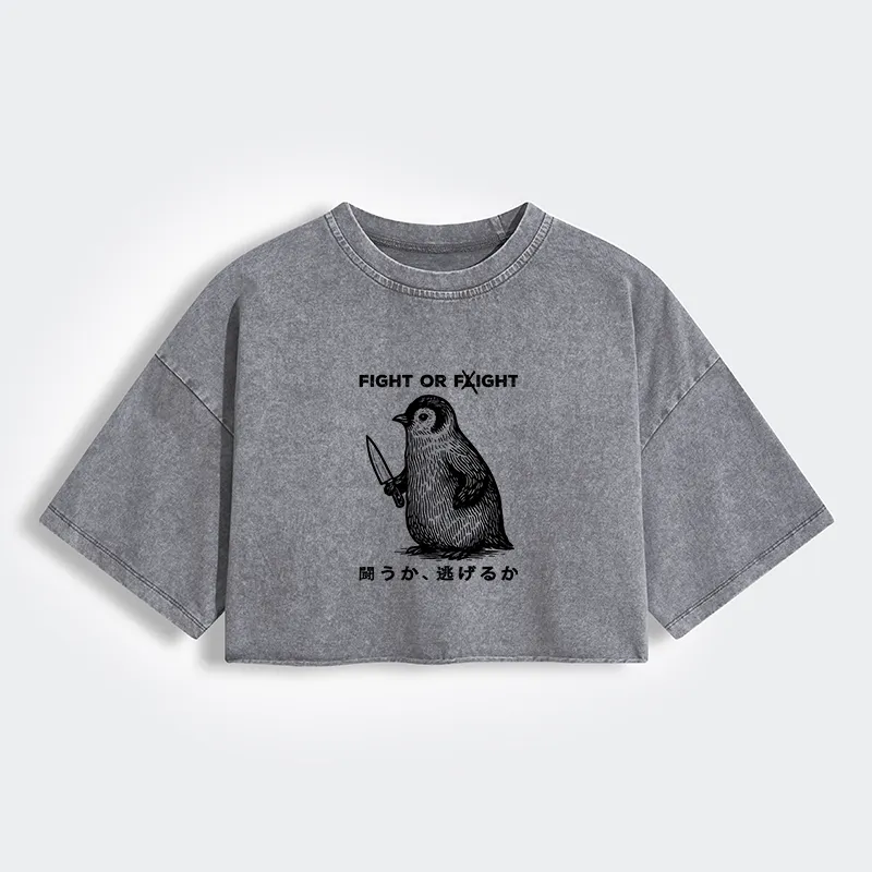 Tokyo-Tiger Funny Fight Or Flight Women's Washed Crop T-Shirt