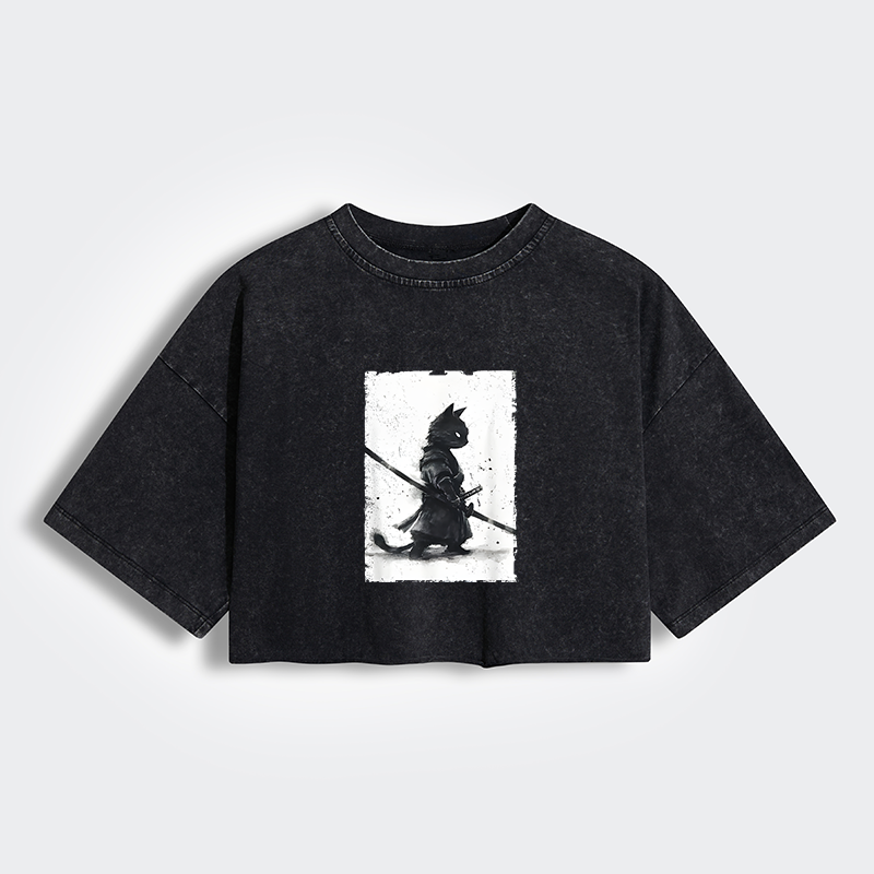 Tokyo-Tiger Retro Cat Samurai Japanese Women's Washed Crop T-Shirt