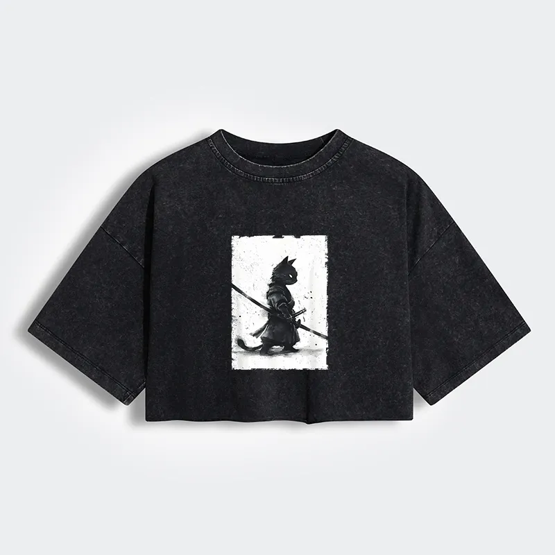Tokyo-Tiger Retro Cat Samurai Japanese Women's Washed Crop T-Shirt