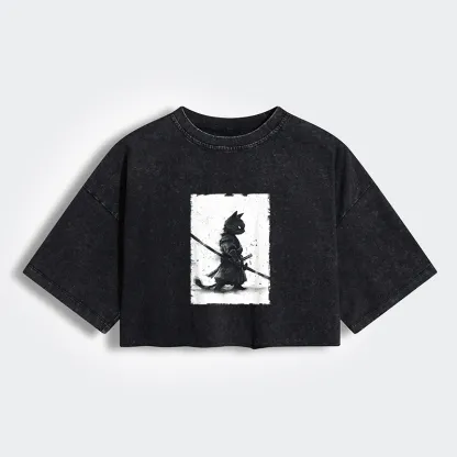 Tokyo-Tiger Retro Cat Samurai Japanese Women's Washed Crop T-Shirt