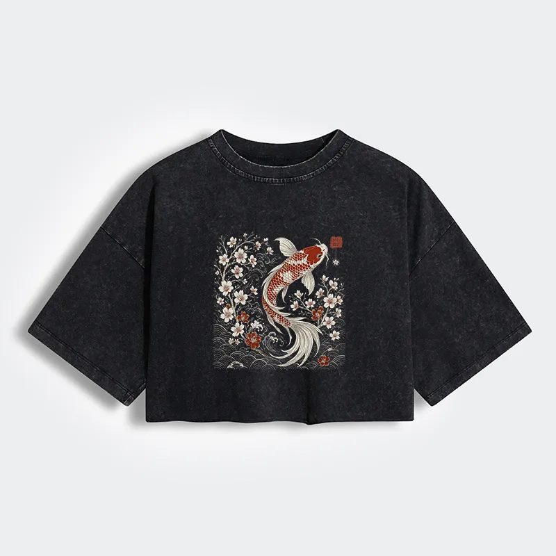Tokyo-Tiger Vintage Sakura And Koi Women's Washed Crop T-Shirt