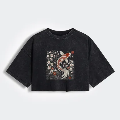 Tokyo-Tiger Vintage Sakura And Koi Women's Washed Crop T-Shirt