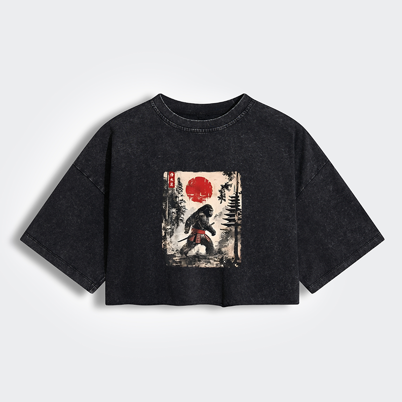 Tokyo-Tiger Japanese Samurai Bigfoot Women's Washed Crop T-Shirt