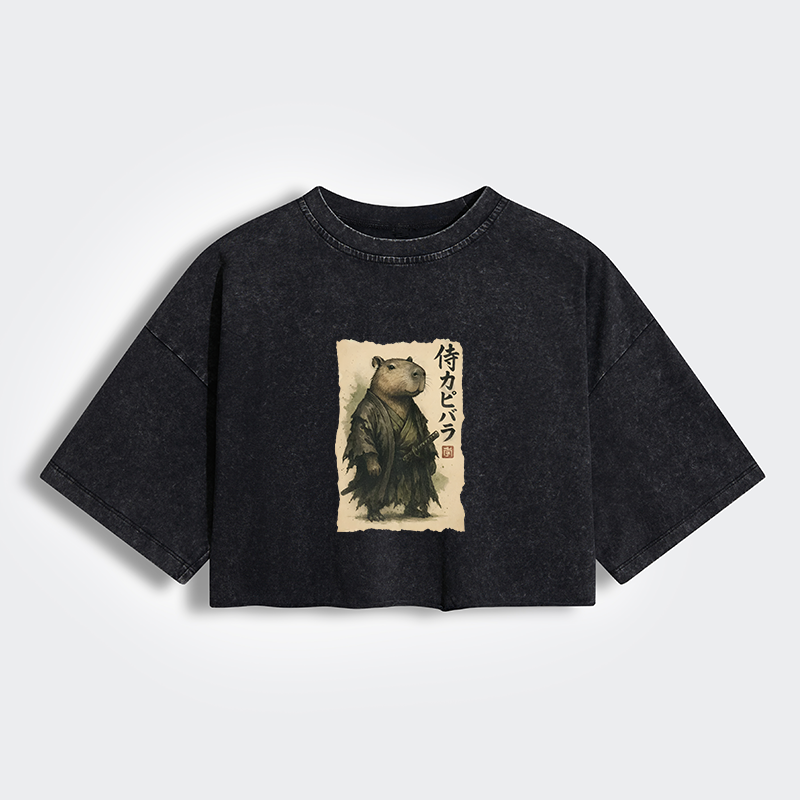 Tokyo-Tiger Capybara Samurai Women's Washed Crop T-Shirt
