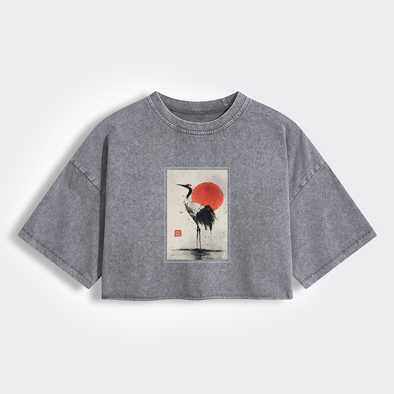 Tokyo-Tiger Retro Japanese Red-crowned Crane Women's Washed Crop T-Shirt