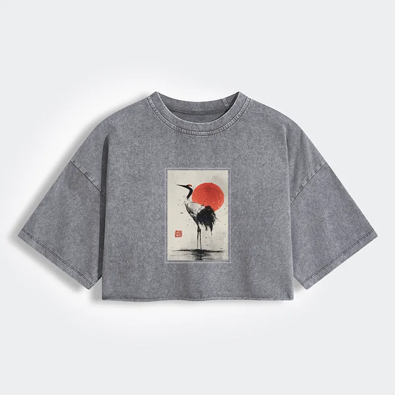 Tokyo-Tiger Retro Japanese Red-crowned Crane Women's Washed Crop T-Shirt