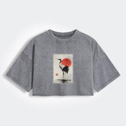 Tokyo-Tiger Retro Japanese Red-crowned Crane Women's Washed Crop T-Shirt