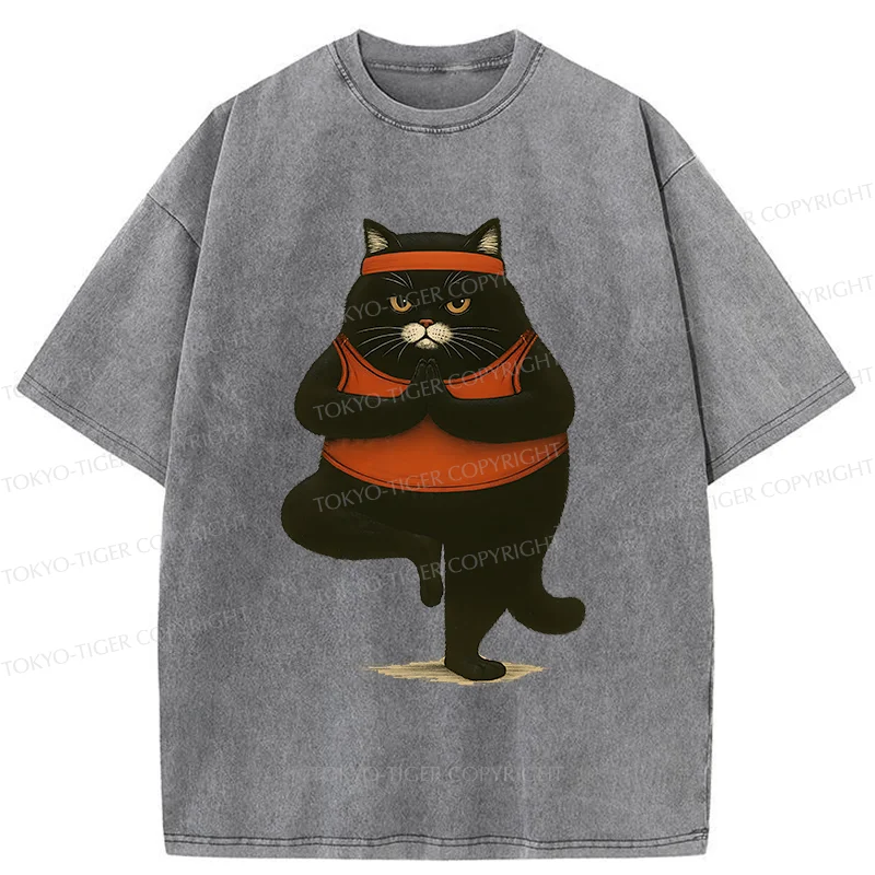 Tokyo-Tiger Black Cat Doing Yoga Washed T-Shirt