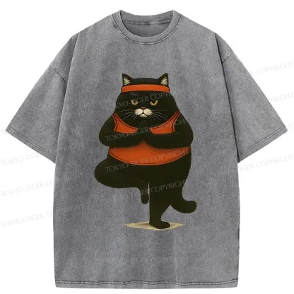 Tokyo-Tiger Black Cat Doing Yoga Washed T-Shirt