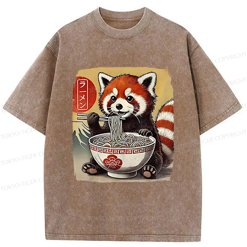 Tokyo-Tiger Cute Raccoon Eating Ramen Washed T-Shirt
