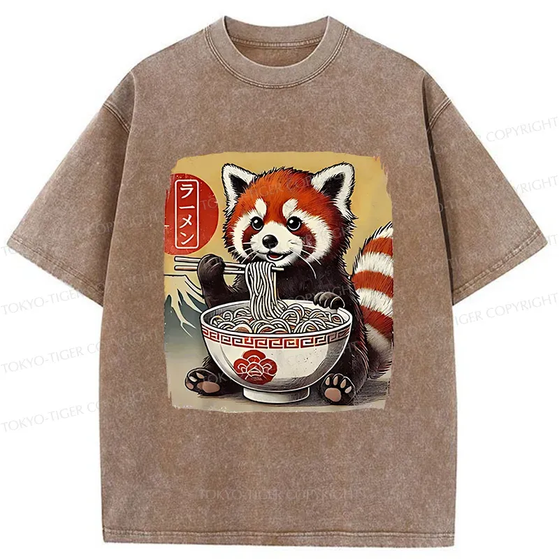 Tokyo-Tiger Cute Raccoon Eating Ramen Washed T-Shirt