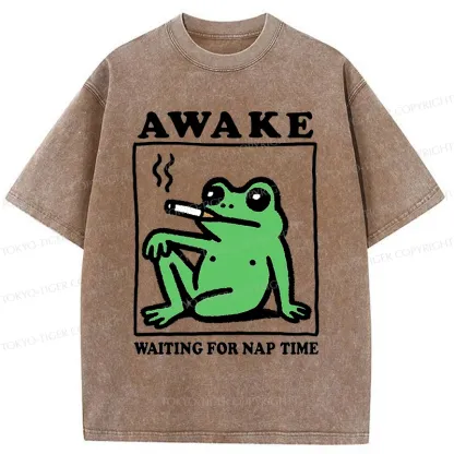 Tokyo-Tiger Frog Waiting For A Nap Washed T-Shirt