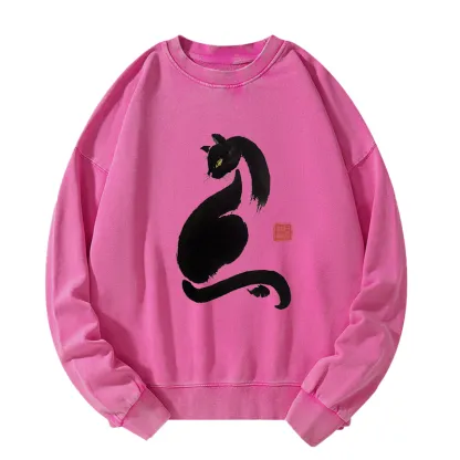 Tokyo-Tiger Elegant Black Cat Japan Washed Sweatshirt