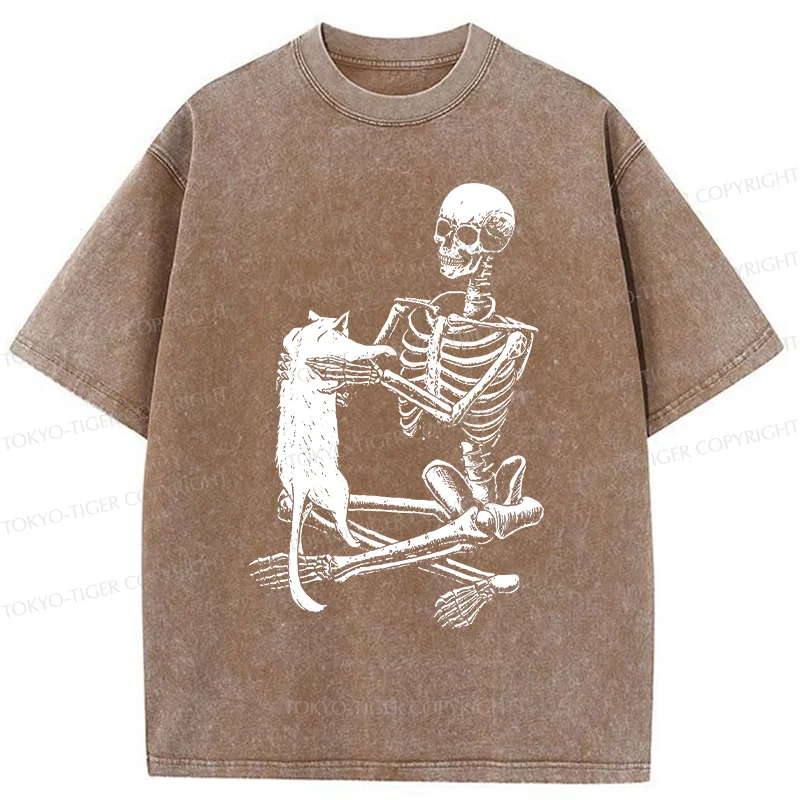 Tokyo-Tiger Skeleton And His Cat Washed T-Shirt