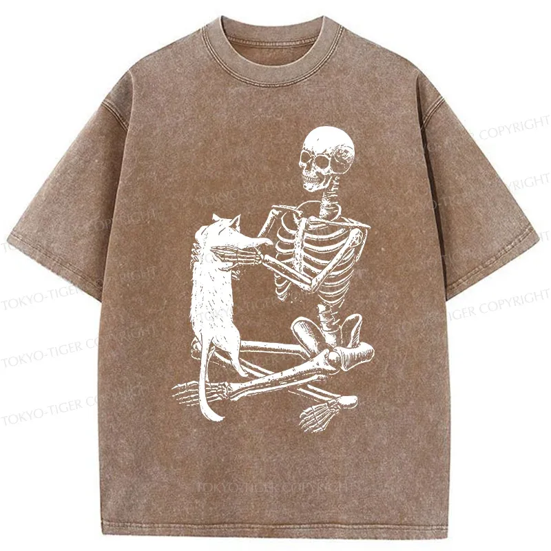 Tokyo-Tiger Skeleton And His Cat Washed T-Shirt