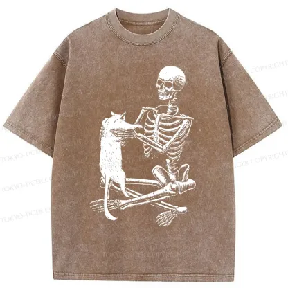 Tokyo-Tiger Skeleton And His Cat Washed T-Shirt