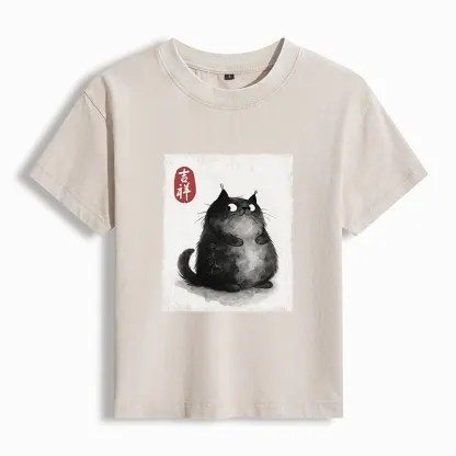 Tokyo-Tiger Auspicious Fluffy Black Cat Ink Painting Women's Washed T-shirt