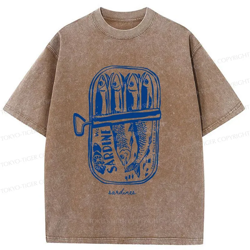 Tokyo-Tiger Woodcut Sardines Washed T-Shirt