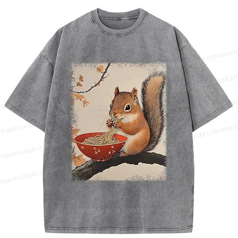 Tokyo-Tiger Squirrel Eating Ramen Washed T-Shirt