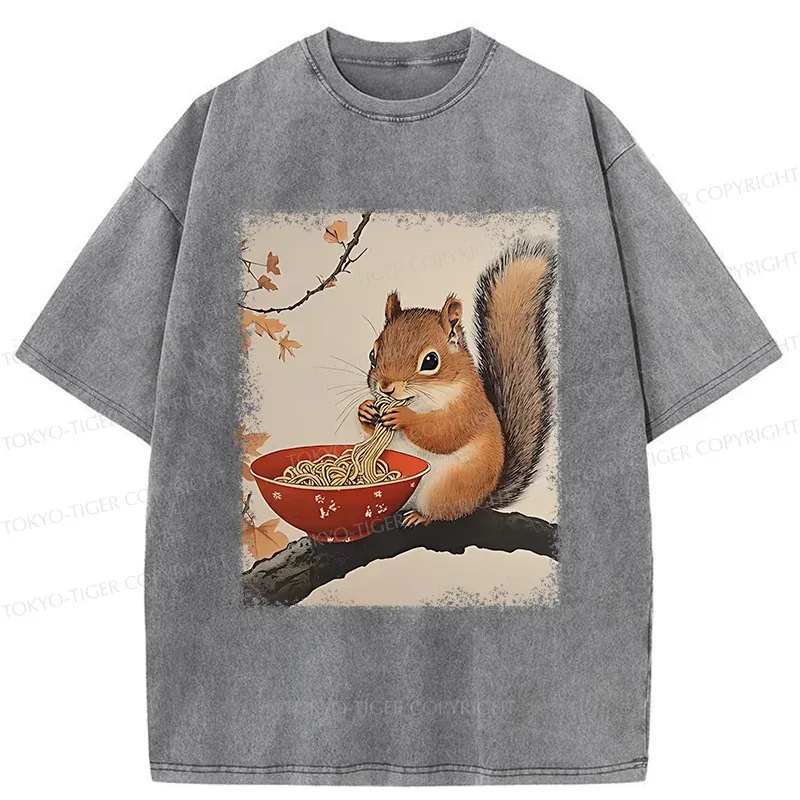 Tokyo-Tiger Squirrel Eating Ramen Washed T-Shirt
