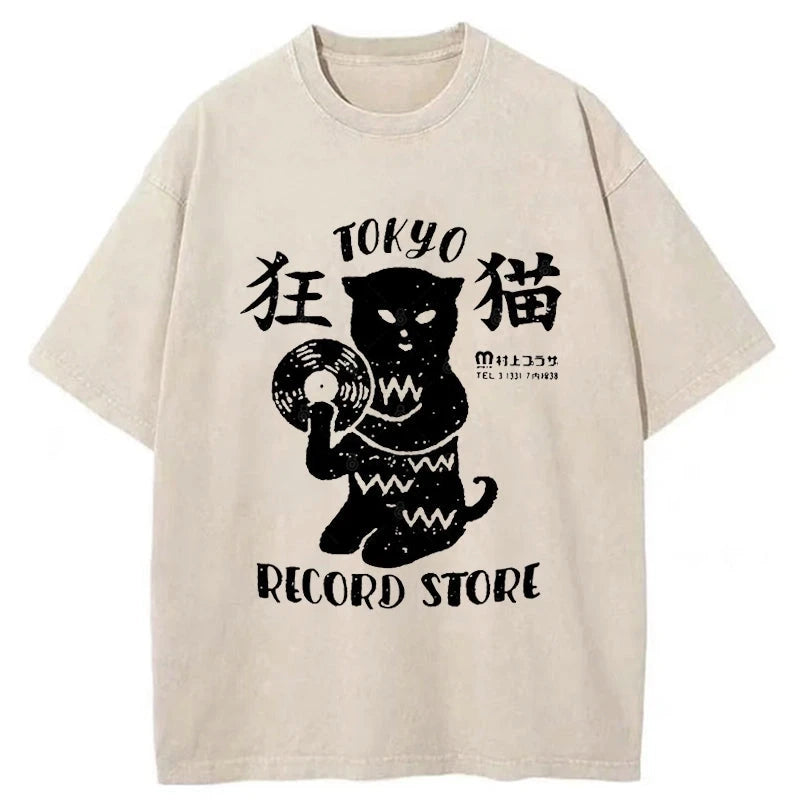 Tokyo-Tiger Tokyo Record Store Cat CD Washed T-Shirt
