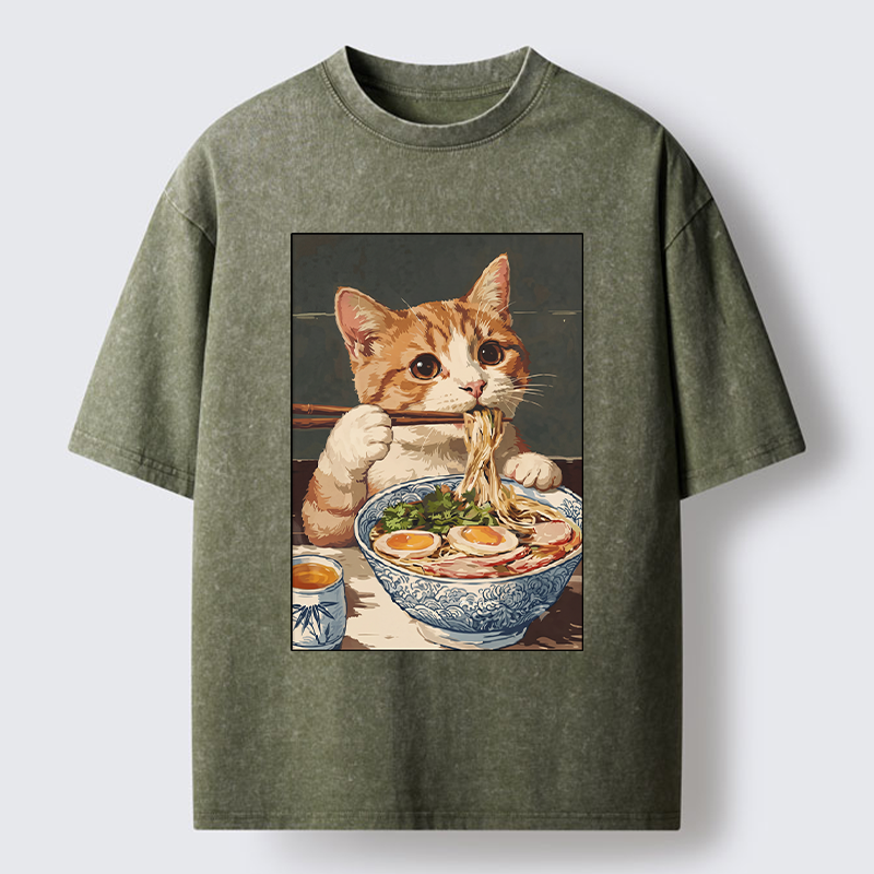 Tokyo-Tiger Cute Cat Eating Ramen Japanese Poster Washed T-Shirt