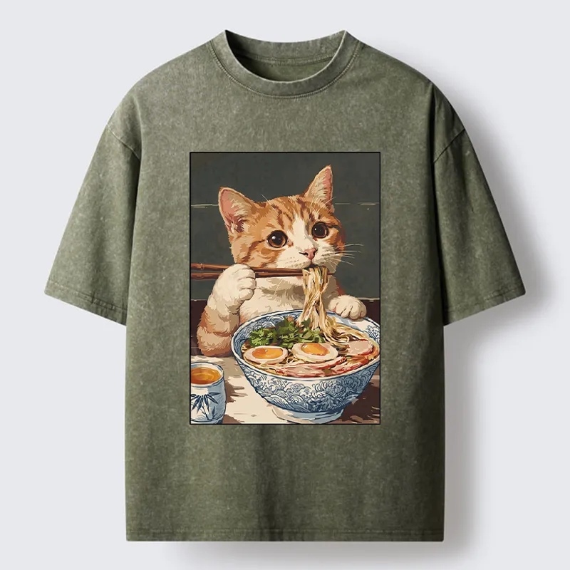 Tokyo-Tiger Cute Cat Eating Ramen Japanese Poster Washed T-Shirt