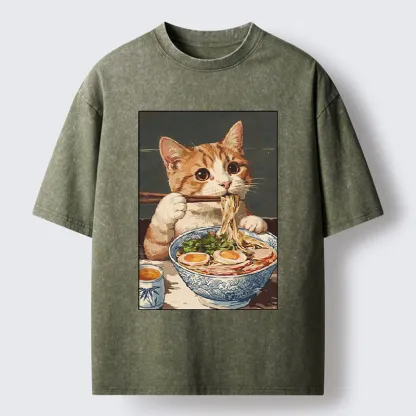 Tokyo-Tiger Cute Cat Eating Ramen Japanese Poster Washed T-Shirt