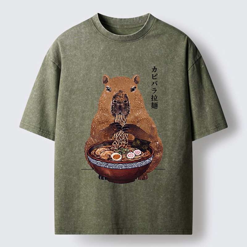 Tokyo-Tiger Japanese Retro Capybara Eating Ramen Washed T-Shirt