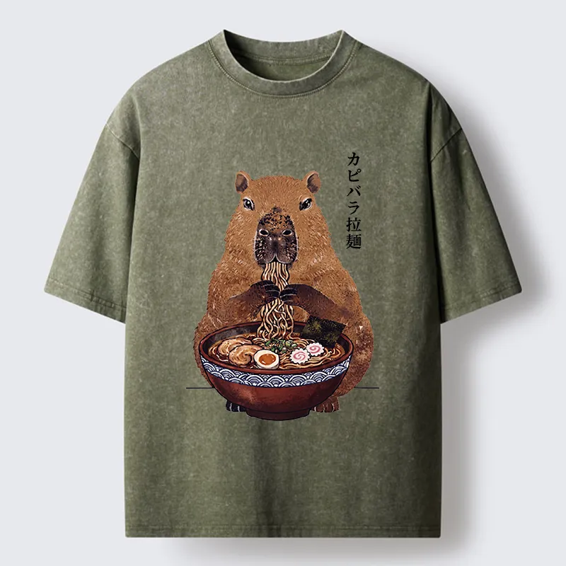 Tokyo-Tiger Japanese Retro Capybara Eating Ramen Washed T-Shirt