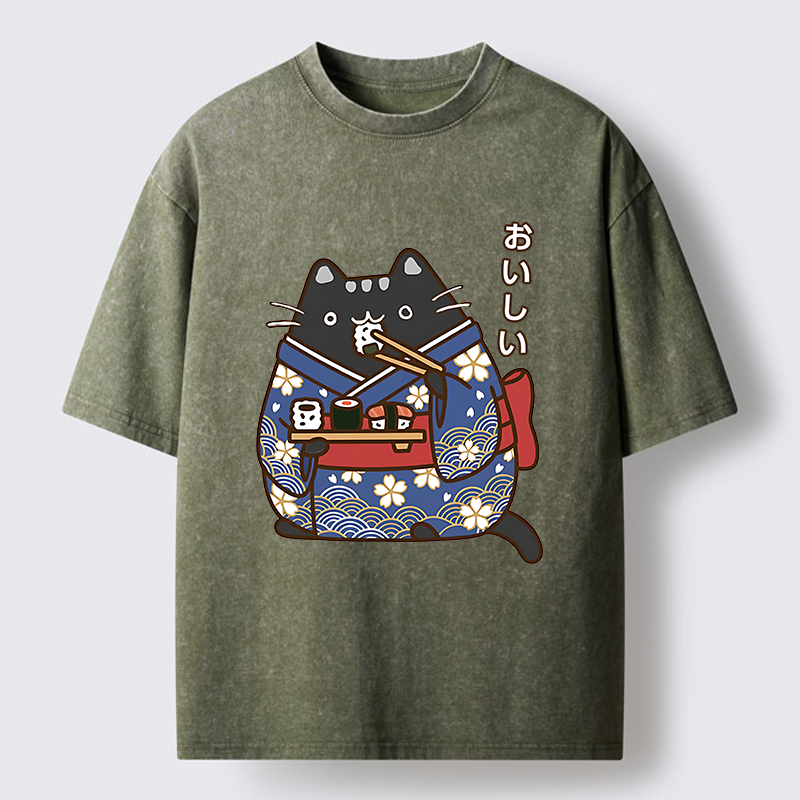 Tokyo-Tiger Geisha Cat Sushi Washed T-Shirt