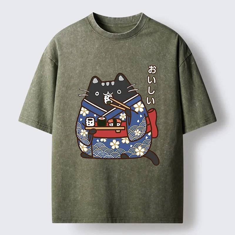 Tokyo-Tiger Geisha Cat Sushi Washed T-Shirt