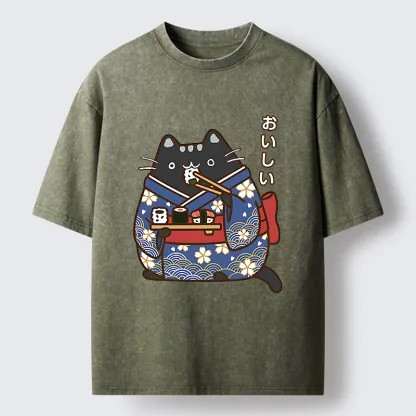 Tokyo-Tiger Geisha Cat Sushi Washed T-Shirt
