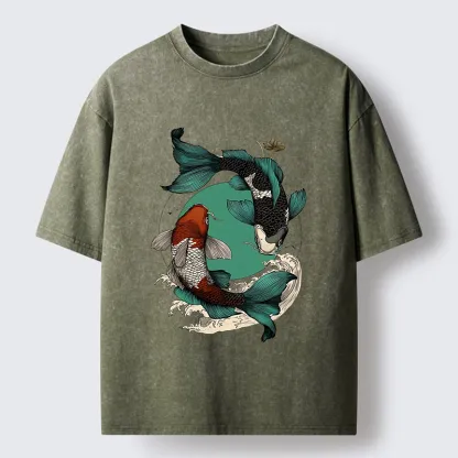 Tokyo-Tiger YinYang Koi Fish Zen Washed T-Shirt