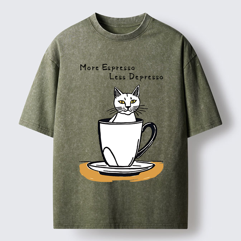 Tokyo-Tiger More Espresso Coffee Cat Washed T-Shirt