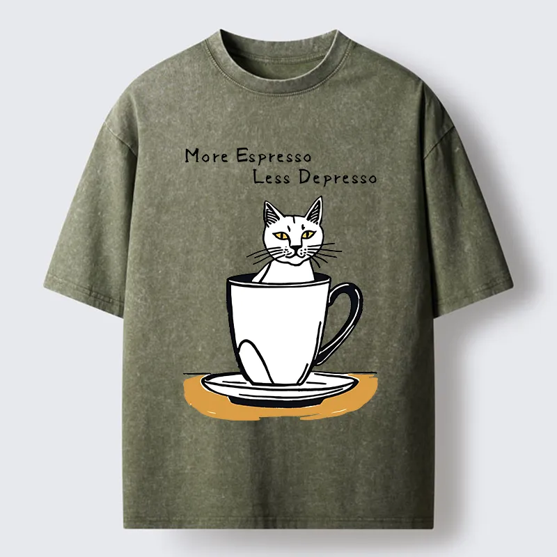 Tokyo-Tiger More Espresso Coffee Cat Washed T-Shirt
