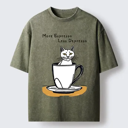 Tokyo-Tiger More Espresso Coffee Cat Washed T-Shirt