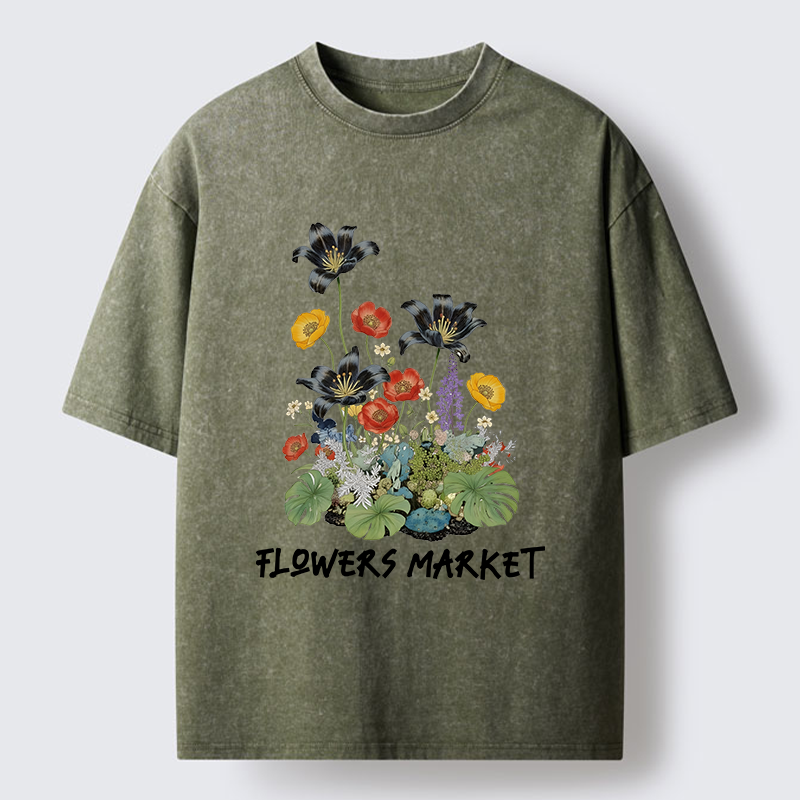 Tokyo-Tiger Beautiful Flowers Market Washed T-Shirt