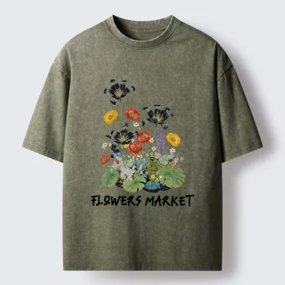 Tokyo-Tiger Beautiful Flowers Market Washed T-Shirt